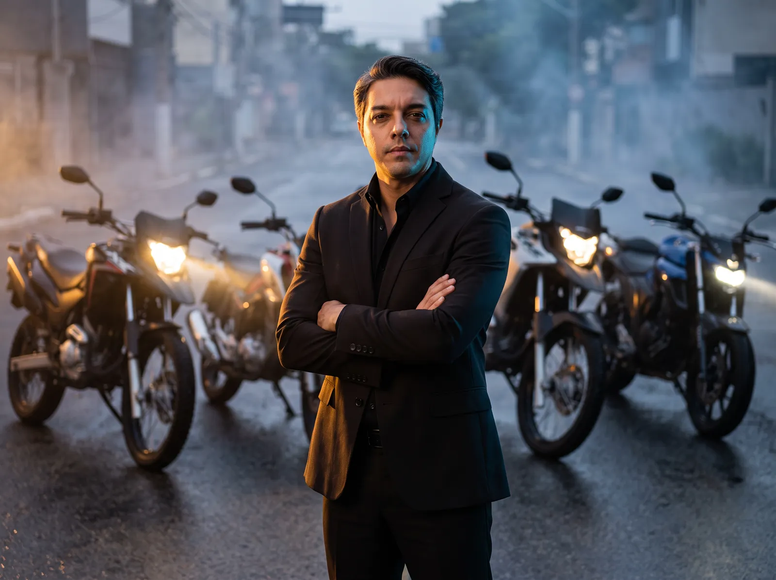 Fabiano Correia de terno diante das motos da FC Motos